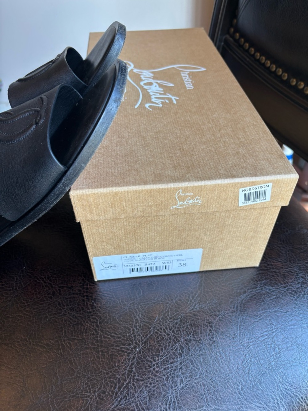 Christian Louboutin Black Leather Slide Sandals with Embossed Logo - Picture 3 of 6